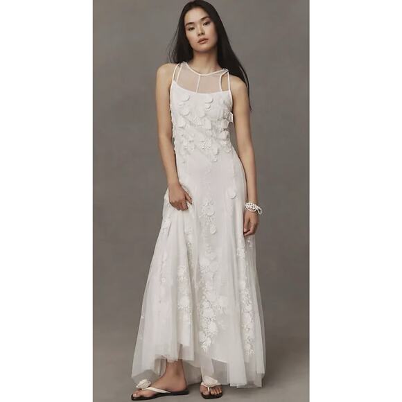 BHLDN NWT Ivory Calla Sleeveless Tulle Floral Applique Maxi Dress Size Medium - Picture 11 of 15